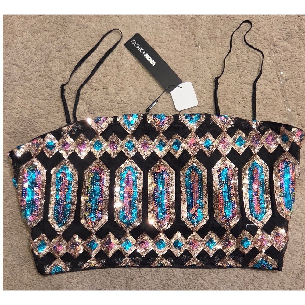 Fashion Nova Just Your Fairytale Sequin Crop Top 1X NWT Black Multicolor Party